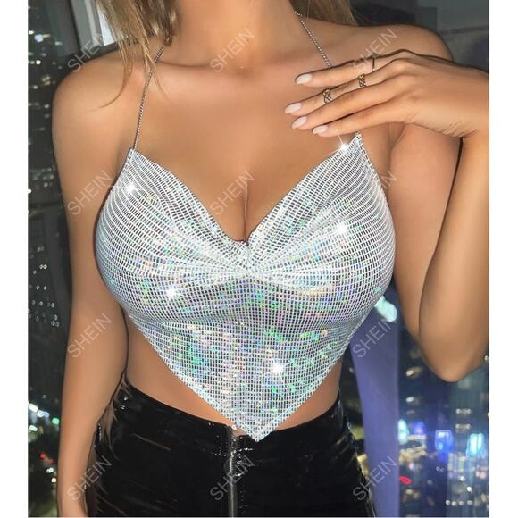 New SHEIN Backless Ruched Bandana Chain Metallic Halter Rhinestone Top SIZE S - Picture 1 of 5